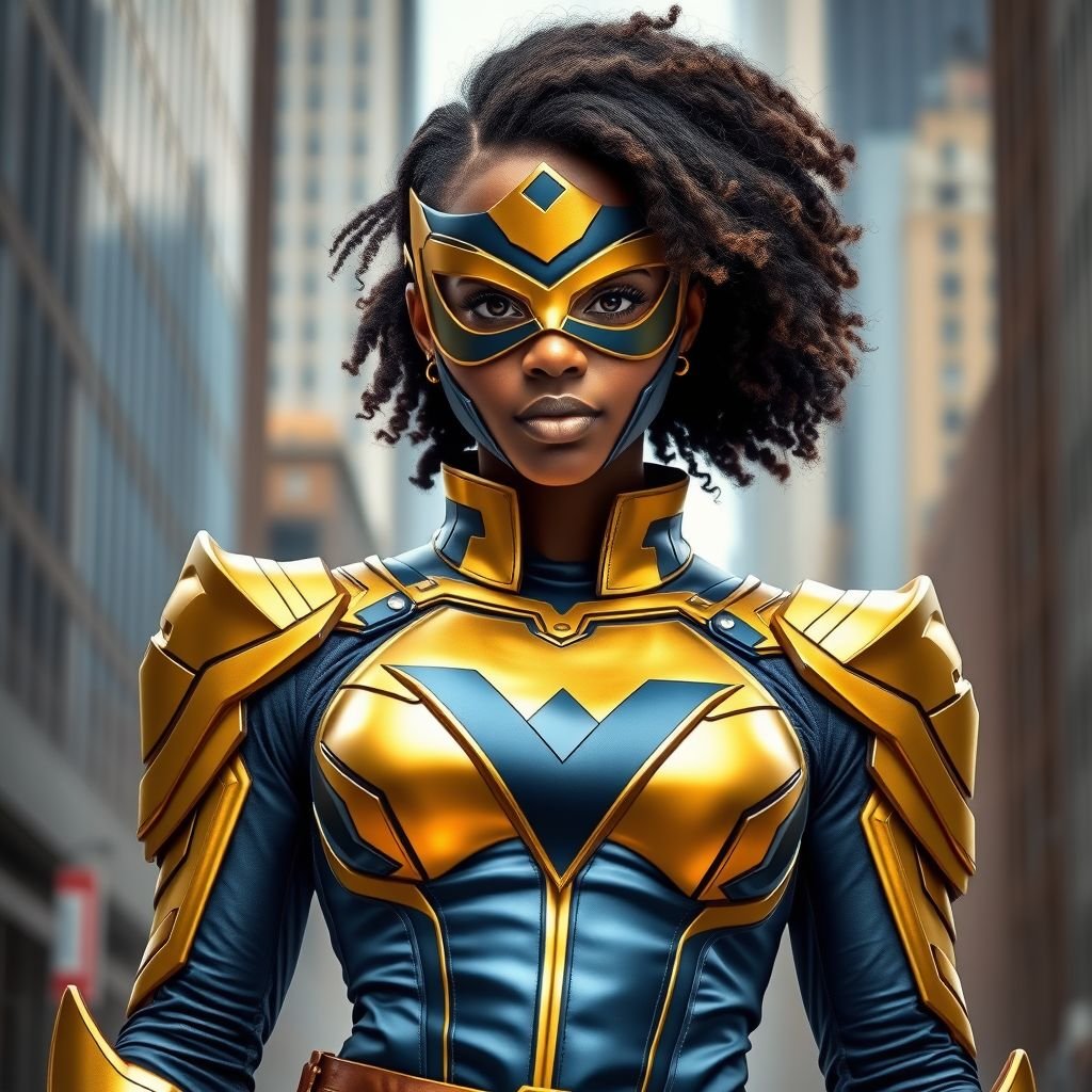 A teenage African American female superhero wearing a domino style mask with slightly curly hair in a shoulder length side part style wearing a slightly armored polyester and leather gold suit with blue accents gold pants and a stylized V as her chest emblem a utility belt and blue boot heel less standing in Philadelphia
