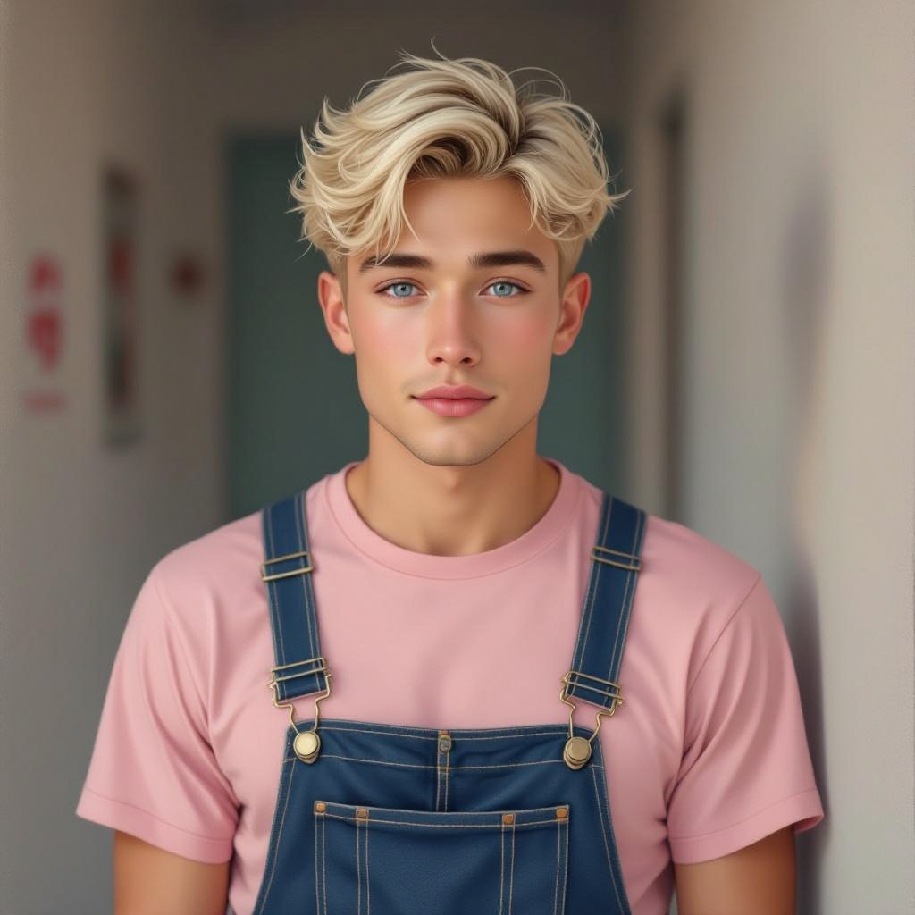 Japanese male 20-years old blonde hair blue eyes no bear wearing a light pink shirt with overalls has a bit of chubby cheeks looks a bit feminine and a bit frail no button shirt