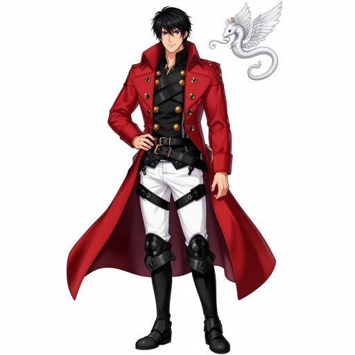 DnD, adult human man, in his 20s, taller, black short hair, purple eyes, white pants, black boots, black armor, red double breasted greatcoat, gold buttons, black belts,
tiny elegant white winged snake flying next to him
