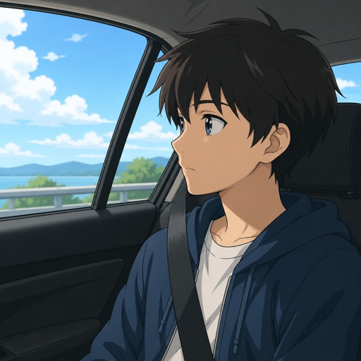 Teen boy riding shotgun 