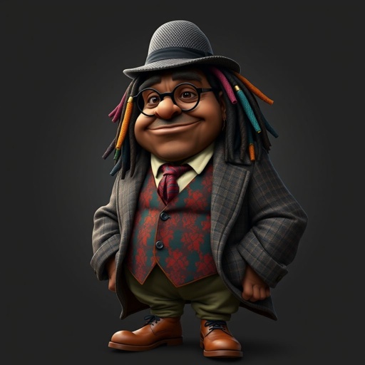 Create a funny fat character similar to Sherlock Holmes, but make him of black decent and with dread locks. Show his whole outfit including his shoes.