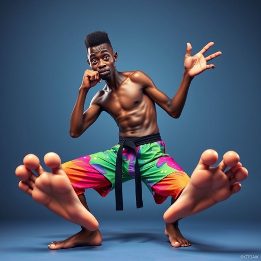 Create a character who looks like a funny African karate guy who doesn’t have a clue what he is doing. Make him have weird toes, only speedos on and a black karate belt. Make him tal skinny and slinky.