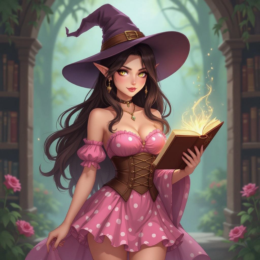 Dark Brown Hair Elf Witch Librarian in Witches Hat. Tight Strapless pink polka mini dress pencil skirt