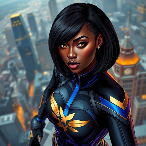 African American female superhero with hair  in a shoulder length side part hairstyle with pure Gold Glowing eyes wearing  a black royal blue and gold accented suit with royal blue pants and gold knee length boots with a V with the top half gold and the bottom half black as her chest emblem in Philadelphia 