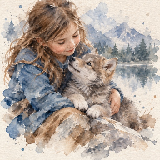 Mädchen mit Polar Baby  Wolf