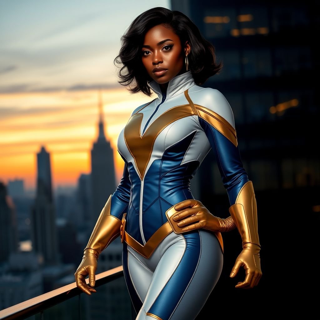 African American female superhero with shoulder length hair in a side part style and  wearing a homemade  white blue and gold suit with blue pants with a stylized V as her chest emblem wearing gold flat boots made of gold standing in Philadelphia at dusk