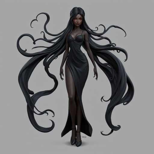 Create character hero Veyra of Shadows – A lithe, mysterious black woman draped in layered black silks that move like smoke around her. With jet-black hair. Show her whole body head to toe including her shoes.