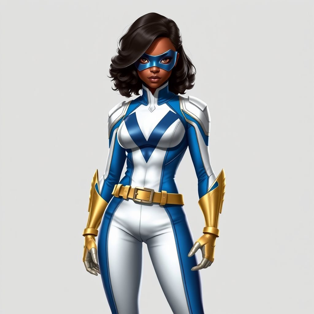 A teenage African American female with shoulder length curly hair  in a side part style superhero  wearing a MASK and a slightly armored white and blue suit with blue pants gold accents and a stylized V as her chest emblem a utility belt and gold boots