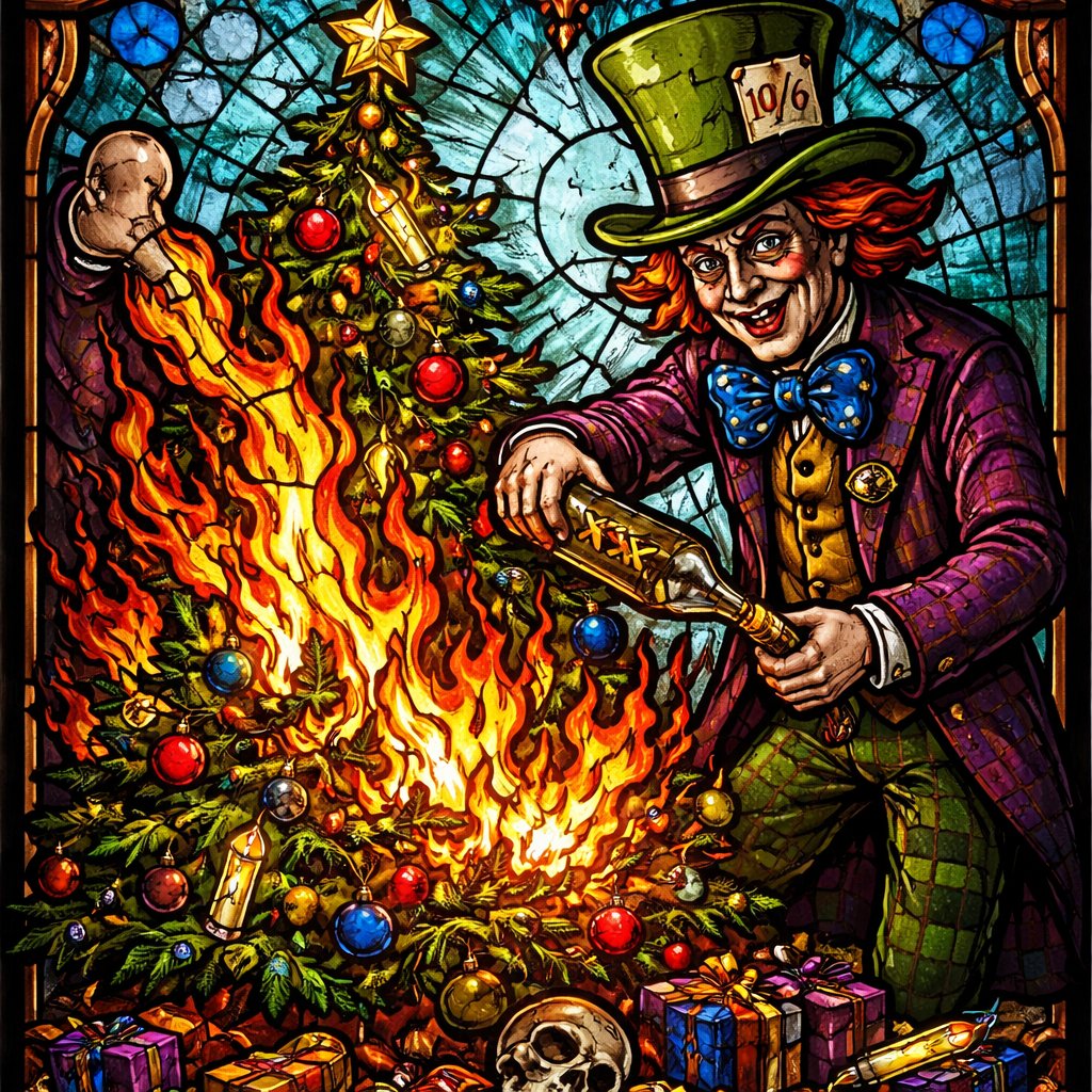 Mad hatter burning a Christmas tree