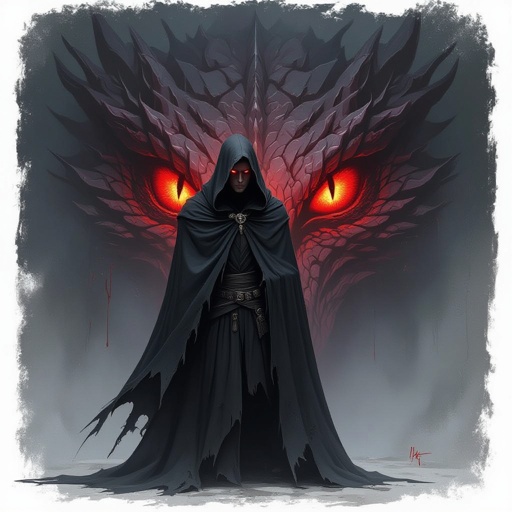 A man in a black cloak hiding his appearance in a veil of darkness behind the veil of his cloak is a single open blood red dragon eye were his left eye would be