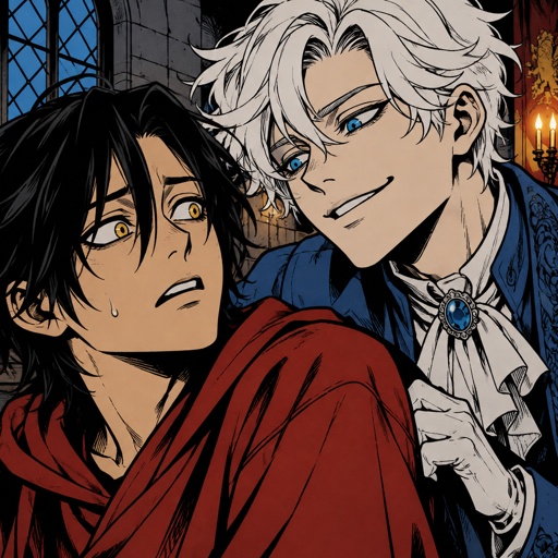 Male, Asian, neck length black hair, yellow eyes, eyeliner, wears red casual clothes, scared, small mouth, male, fluffy white hair, big blue eyes, long smile, snobby, wears blue, the Asian guys name is Po, the white haired males name is Klouse