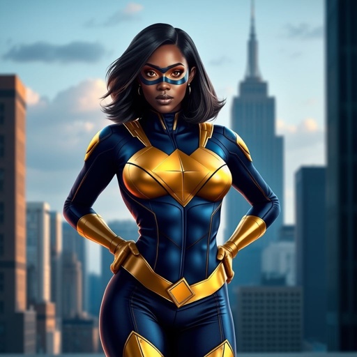 African American female superhero with hair in a shoulder length side part hairstyle with pure Gold Glowing eyes wearing a navy blue and gold suit with navy blue pants and gold knee length boots with a diamond with the top half gold and the bottom half black as her chest emblem in Philadelphia