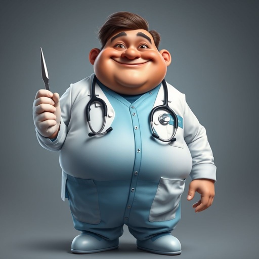 .. create a fat doctor. Who is funny human looking from head to toe. And he always immediately results to surgery for anything even small things. So please be sure to show his whole outfit head to toe. Make him have 1 tooth. Make it more adult humor instead of cartoon humor.
