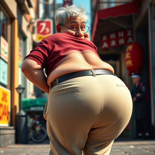 Create a funny looking man with slightly big buttock through pants called pamper butt