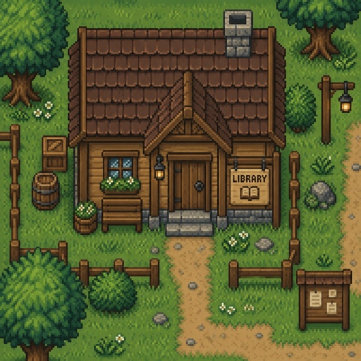 Village small library wood for a modern fantasy game, exterior, top down style