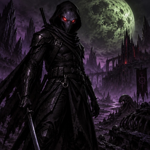 A alien in a futuristic black ninja Assassin space suite. On a dark purple planet background 