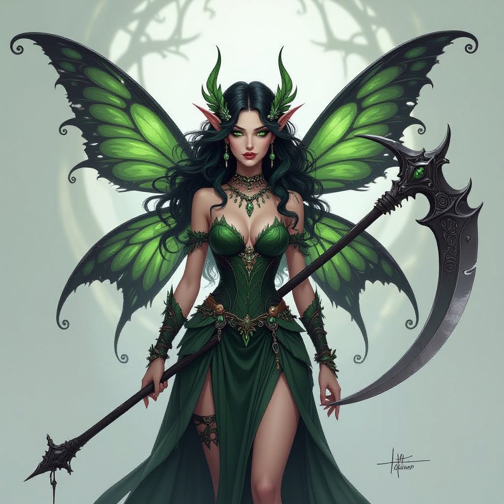 Dark fairy with big fairy wings, wavy hair with green highlights, lots of jewelry, holding scythe