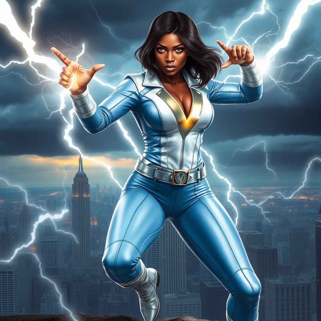 African American female superhero with hair in a shoulder length side part hairstyle with pure Gold glowing eyes wearing a leather light blue white and silver suit with light blue pants and silver boots and a V as her chest emblem controlling a storm in Philadelphia