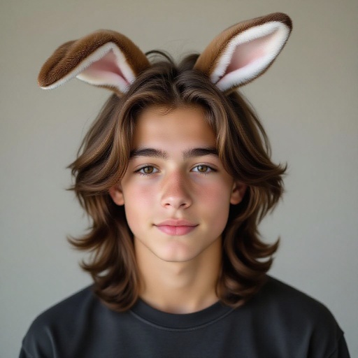 Teenage boy with hare ears with brown hair