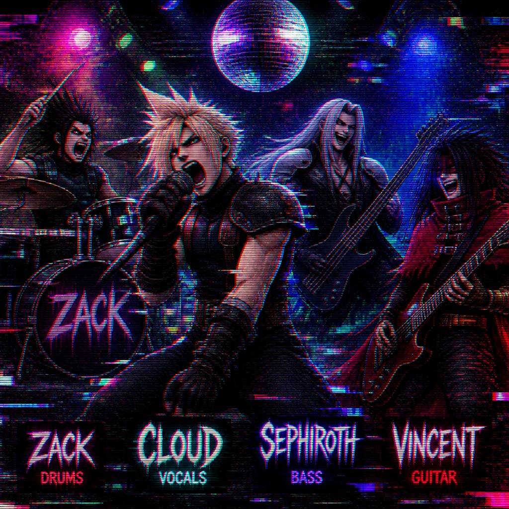 Cloud Zack Sephiroth and Vincent from ff7 cloud singing heavy metal very aggressively and Zack aggressively playing drums and yelling Sephiroth aggressively playing base and laughing and Vince aggressively playing the guitar and laughing on a stage with a disco ball