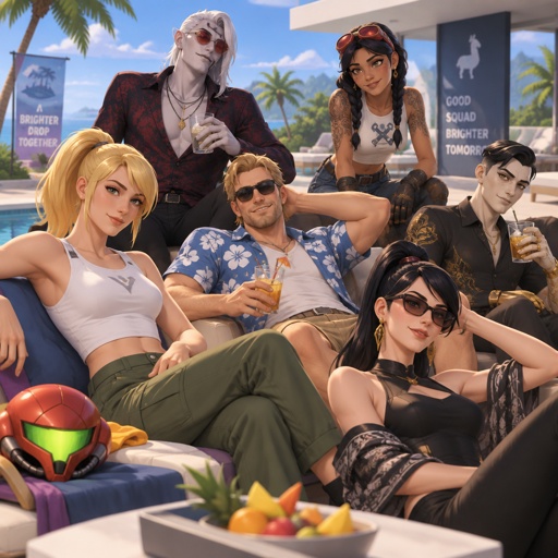 Samus Aran casual clothes, Accurate Kado Thorne from Fortnite pale skin and white hair, Jones from Fortnite stubble sunglasses casual clothes, Jules from Fortnite casual clothes, Midas from Fortnite casual clothes, Bayonetta from super smash bros casual clothes, all relaxing in the sun