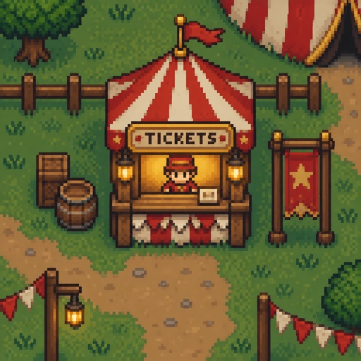 Cozy circus ticket booth for a modern fantasy game, exterior, top down style