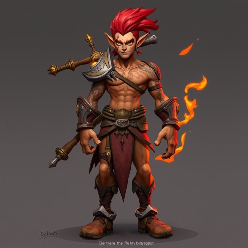 Create a character: battle hero Rhen the Fire-Singer – A lean, muscular man. Show him head to toe including his shoes.