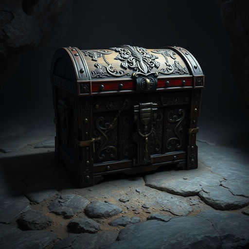 Closed elegant wooden treasure chest with red banding sitting on cave floor by itself