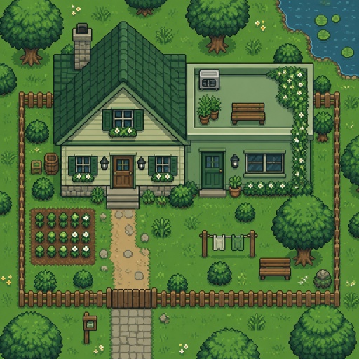 Cozy house with another attached house with a flat roof, green for a modern fantasy game, top down style