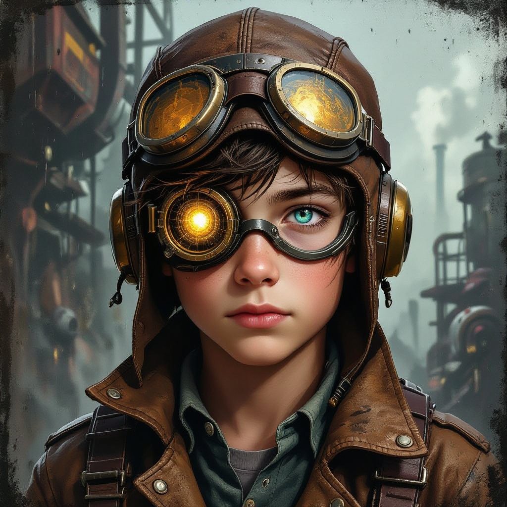 Dark mysterious character teenager boy,with a golden eye and bluish greenish eye