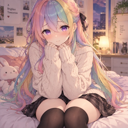 Woman, long rainbow hair, purple eyes, attractive, sweater, skirt, nervous
