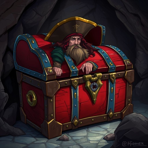 Closed elegant red wooden treasure chest with blue banding sitting on cave floor