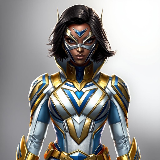 A teenage African American female with shoulder length hair in a side part style superhero wearing an armored MASK and a slightly armored white and gold suit with blue accents and white pants and a stylized V as her chest emblem a utility belt and gold boots