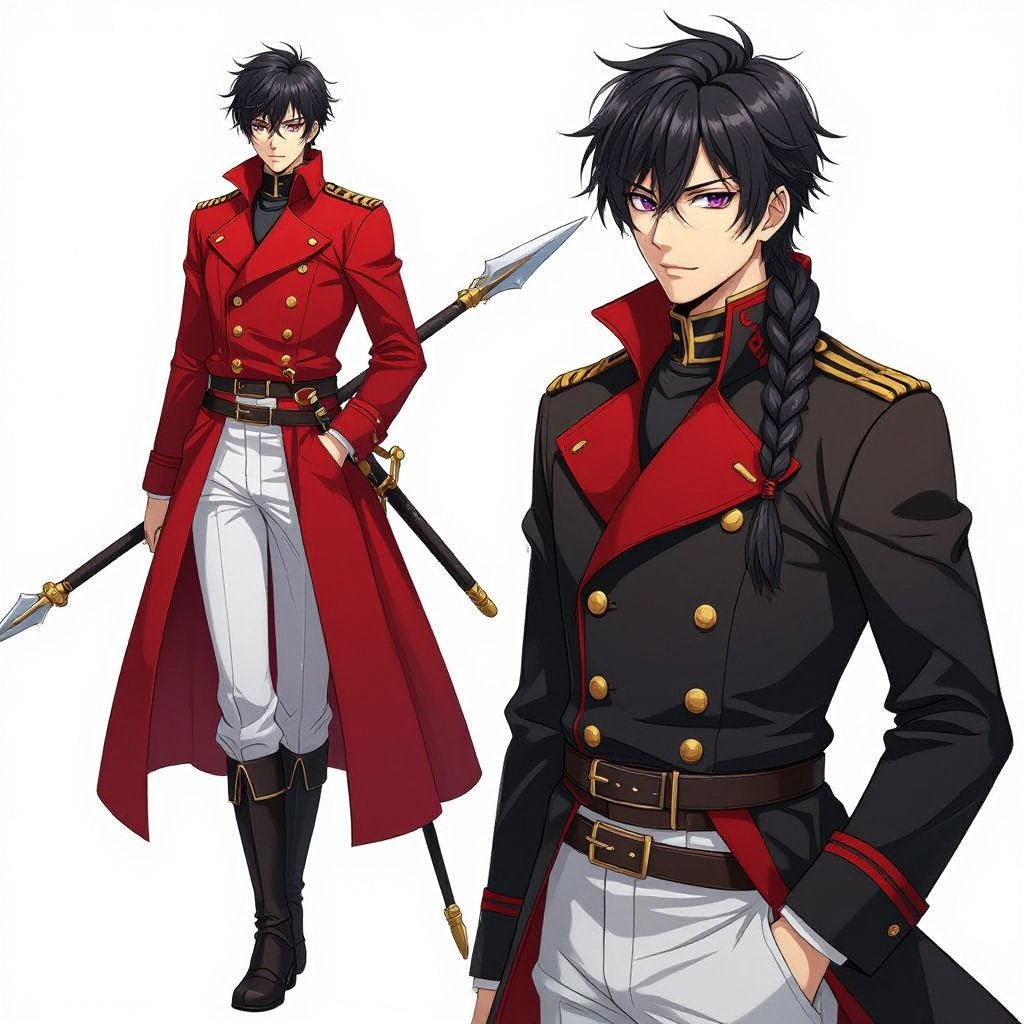 human, asian man, red double-breasted greatcoat, gold buttons, shoulder braids, white pants, black boots, belts, spear, braid, short black hair, dark purple eyes