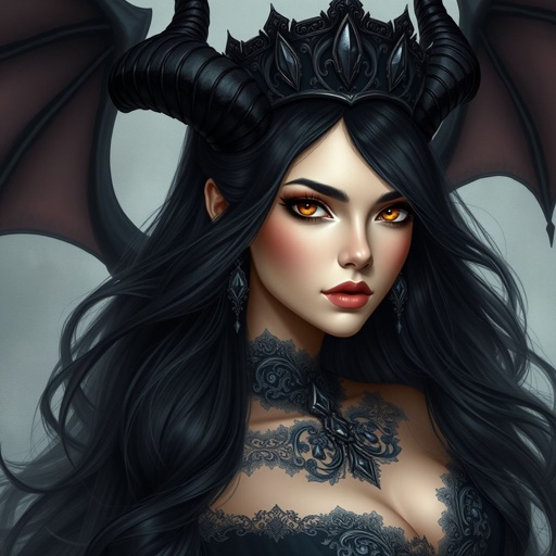 Beautiful woman with black hair and amber eyes dressed in a gothic gown wearing a black crown and black maleficent demon horns