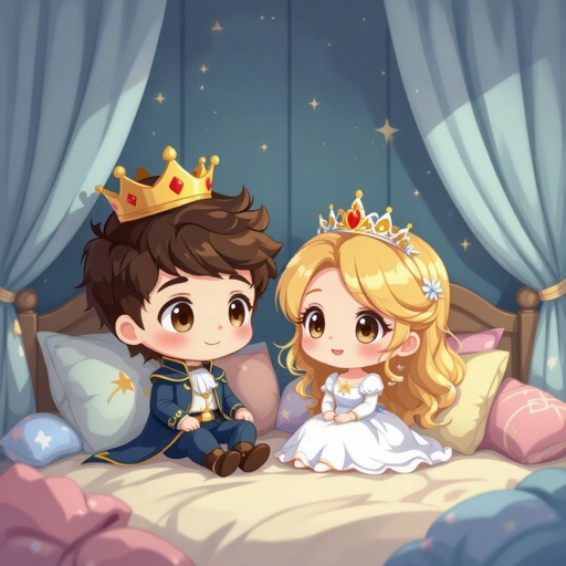 prince and princess in a room surrounded by cushions and bedding 