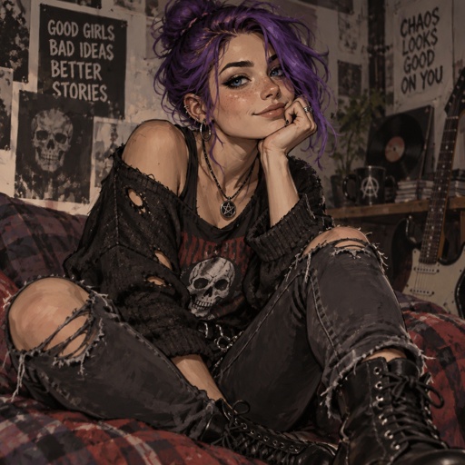 Female,medium hight ,pale,tan,blue eyes,vivid purple hair in a messy bun her front hair is swooped down in her right side,mischievous smile,rebel/grunge clothe style 