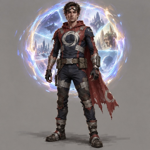 Male Superhero with dimension hopping abilities, homemade costume