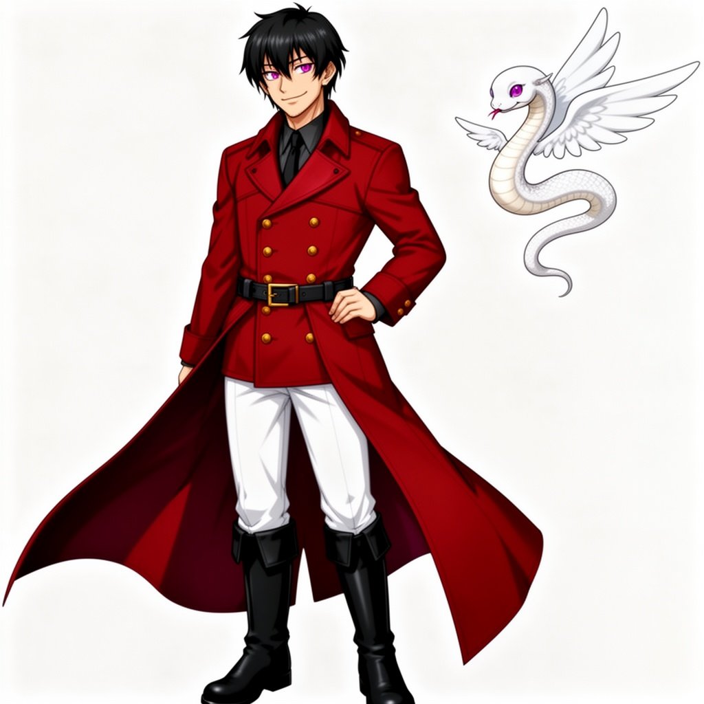 adult human man, mature, black short hair, Fuchsia purple eyes, white pants, black boots, red double breasted greatcoat, gold buttons, black belts, sly smile,
tiny friendly elegant white winged snake flying next to him