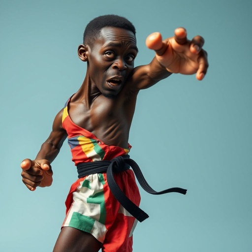 Create a character who looks like a funny African karate guy who doesn’t have a clue what he is doing. Make him have weird toes, only speedos on and a black karate belt. Make him tal skinny and slinky.