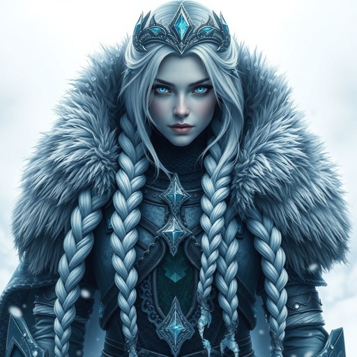 Create a character : A tall, battle-hardened woman with pale, icy-blue skin. Her long silver hair flows in braids tipped with frozen beads. She wears heavy, fur-lined armor made from the hides of snow beasts. Her eyes glow faint blue. A frost-shaped crown rests lightly on her head. Please show whole character not just waste up.