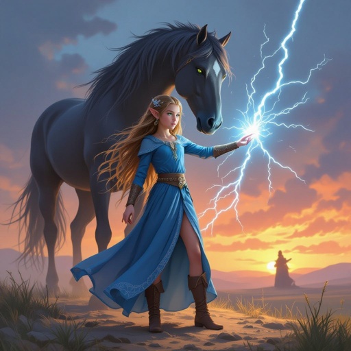 A small Elvin princes. She is age 10 and she is 4’ She has extra long hair flowing down her back. She has green eyes. She is wearing a blue dress with flowing sleeves. He dress has 1 slit in the front. She has small boots on. Behind her is a giant shadow horse. It is standing protectively around her. The horse is taller than her. She is casting chain lightning at someone in the distance.