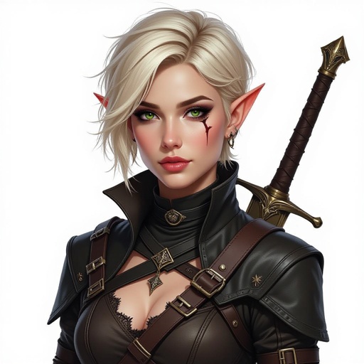 Blonde pixie cut Female High Elf Rogue Assassin in Black and Brown Shear Lace & Leathers and Skirt ripped and torn
