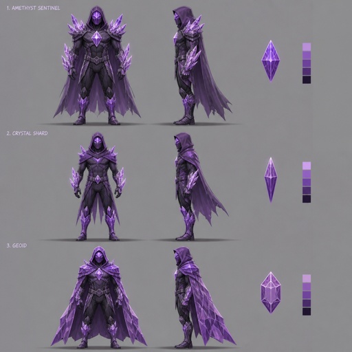 Male superhero with crystal abilities, full face mask, amethyst palette, hood, multiple of the same character 