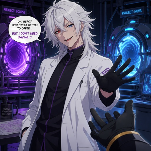 Villain mad scientists, lab coat,clean shaven,looks like a mess,very flirty, hair style called "I've never seen a hair brush in my life" Wolf Cut would rather die than be saved by the hero, "I don't need one for I AM a weapon of mass destruction, likes to mess with the hero teasing them, has invented machines that lead to portals ,two different eye colors