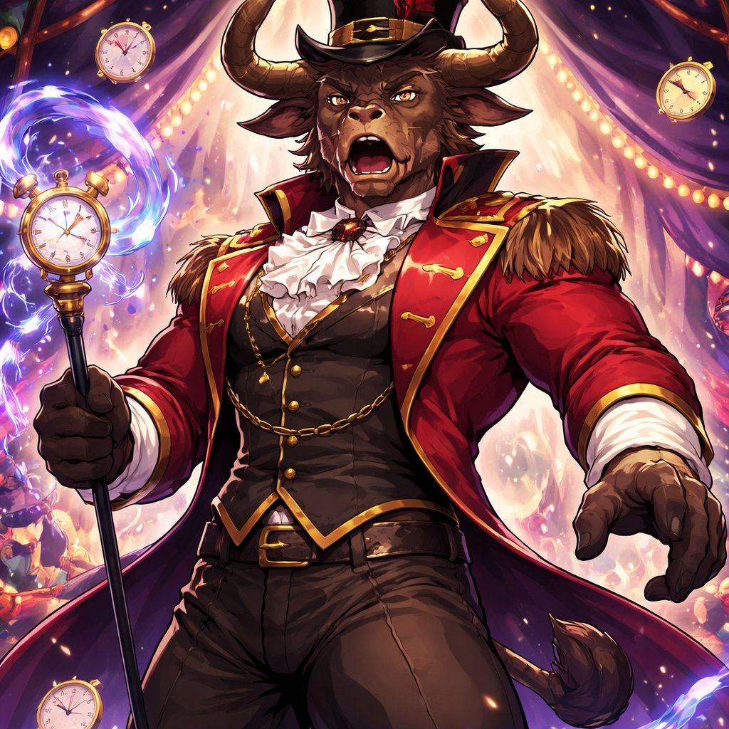 A male medium brown Minotaur with cattle like brown eyes, that has a well~proportioned figure that works at freak show as the ringmaster. That has abilities of Reality Rejection, Time Manipulation (Chronokineses), Zoolingualism (Language of Cattle only), Human Speech.