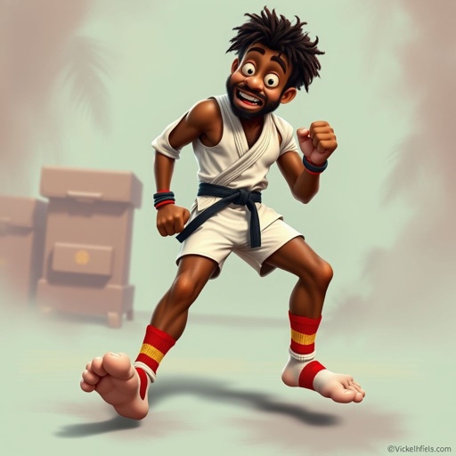 Create a character who looks like a funny African karate guy who doesn’t have a clue what he is doing. Make him have weird toes, only speedos on and a black karate belt.