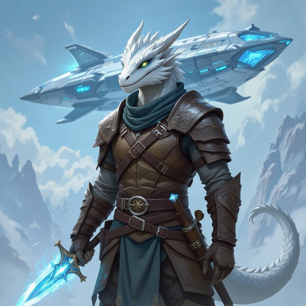 White Dragonborn male. Wearing a leather armour tunic. Holding a blue dagger. He has no tail. In the background is a spaceship made of crystal.