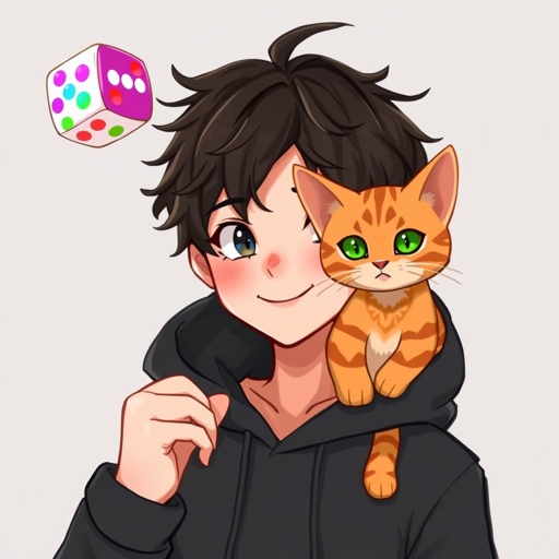 A guy with dark brown hair who holds epic looking dices normal size with 20 sides in one hand, he wears a black hoodie and he has 1 orange cat with pretty design at his shoulder, and has a small smile, his nails are not painted
