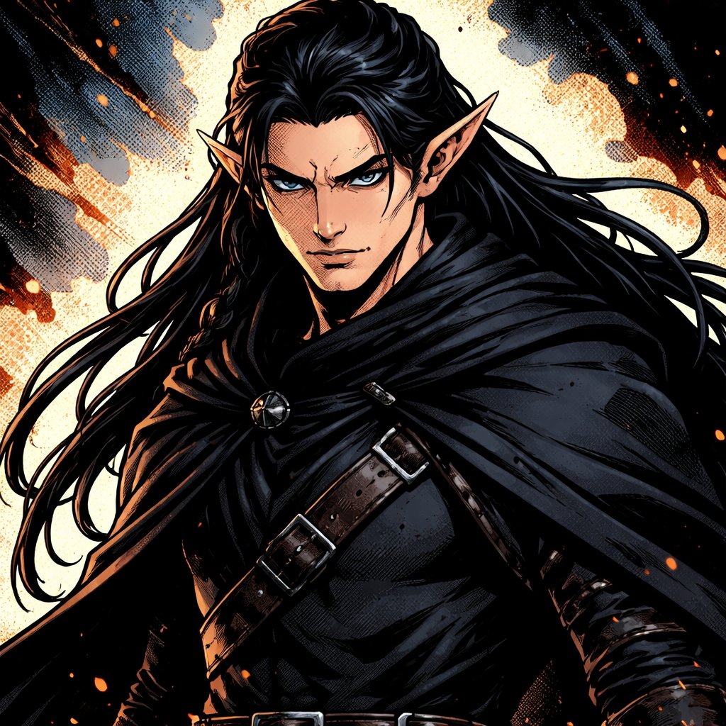 Black cloth, half Long black hair half up in a platt, elf ears, dark eyes, Boy